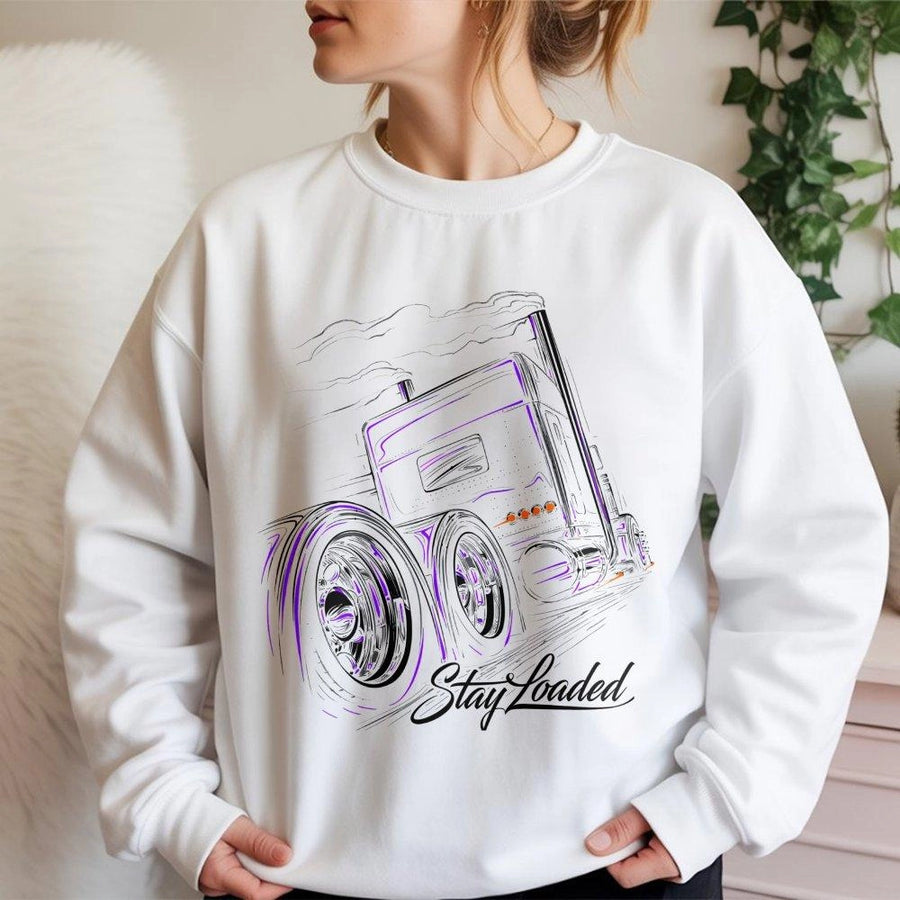 Stay Loaded Trucker Sweatshirt | Big Rig Semi Truck Graphic | Premium Cotton Blend Unisex Pullover | Truck Driver Gift for Men & Women