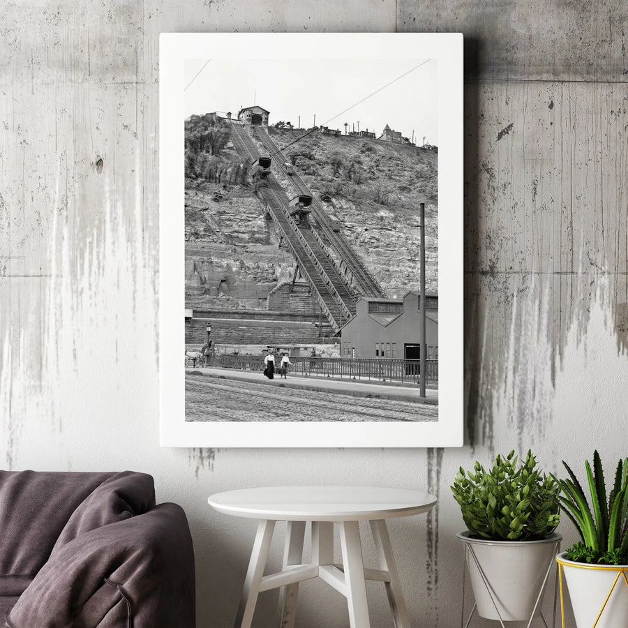 Vintage Incline Railway Vertical Canvas | Black and White Historic Photography | Premium Gallery Wrapped Canvas | Gift for History Buffs & Industrial Decor
