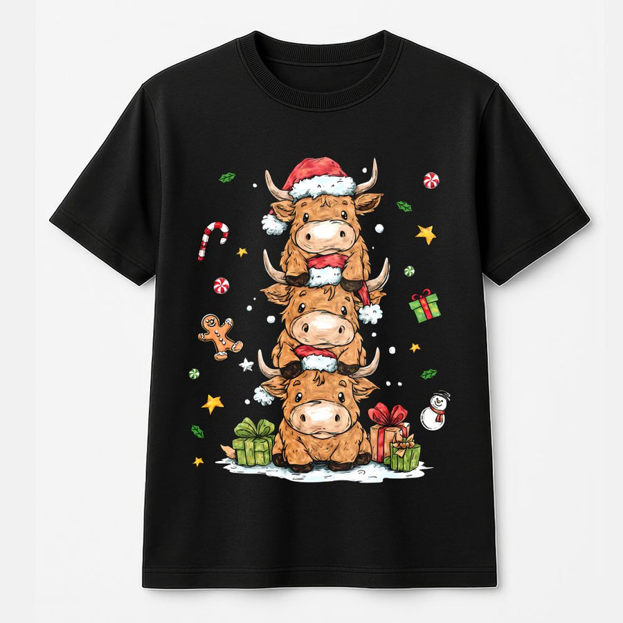Highland Cow Christmas T-Shirt | Cute Stacked Holiday Cattle Graphic | 100% Premium Cotton Tee | Festive Winter Gift For Animal Lovers
