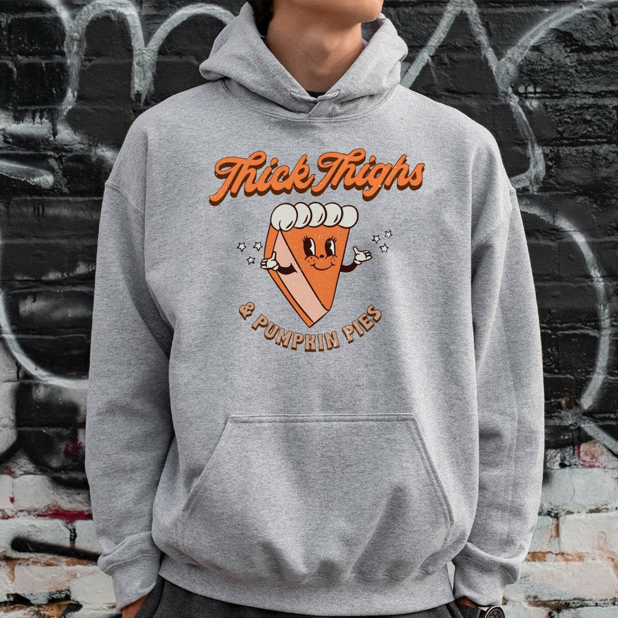 Thick Thighs And Pumpkin Pies Hoodie | Retro 90s Thanksgiving Graphic | Soft Cotton-Polyester Premium Blend | Funny Fall Apparel Gift for Her