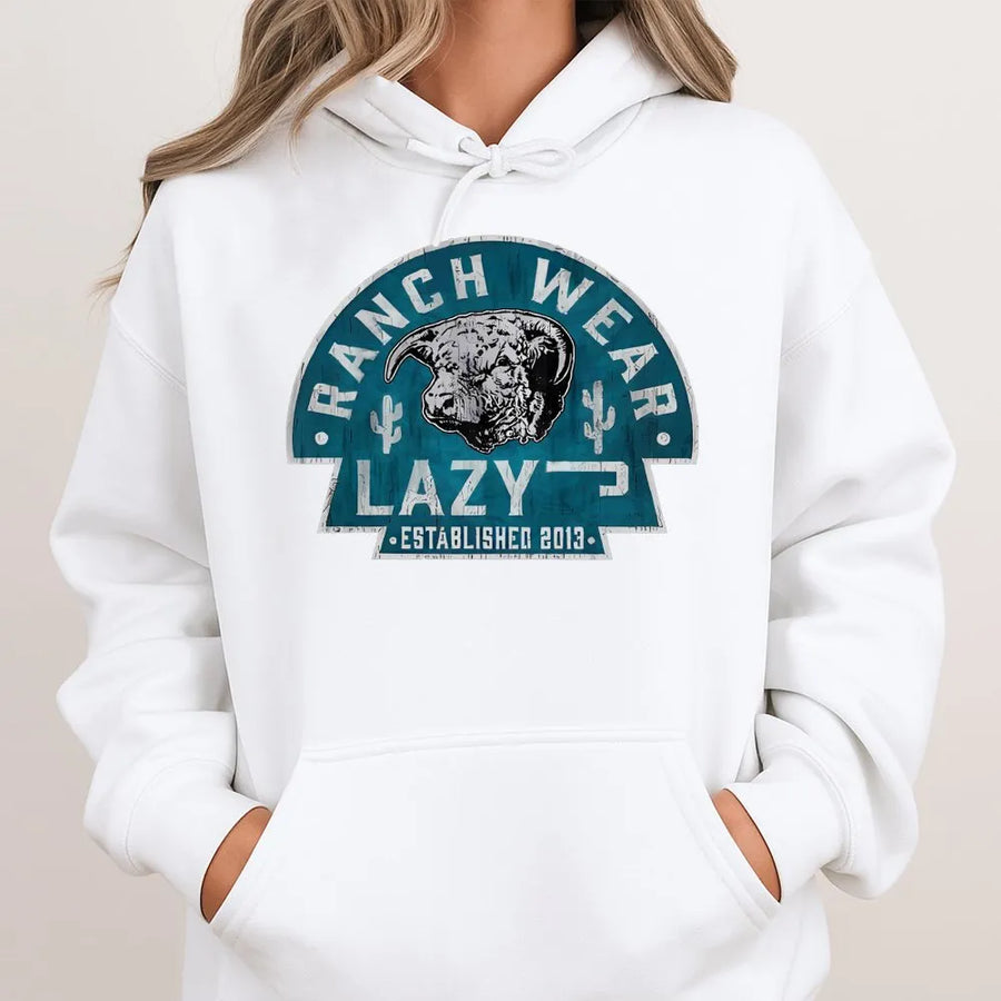 Lazy J Ranch Wear Hoodie | Vintage Hereford Bull & Cactus Graphic | 100% Cotton | Western Cowboy Farmer Gift
