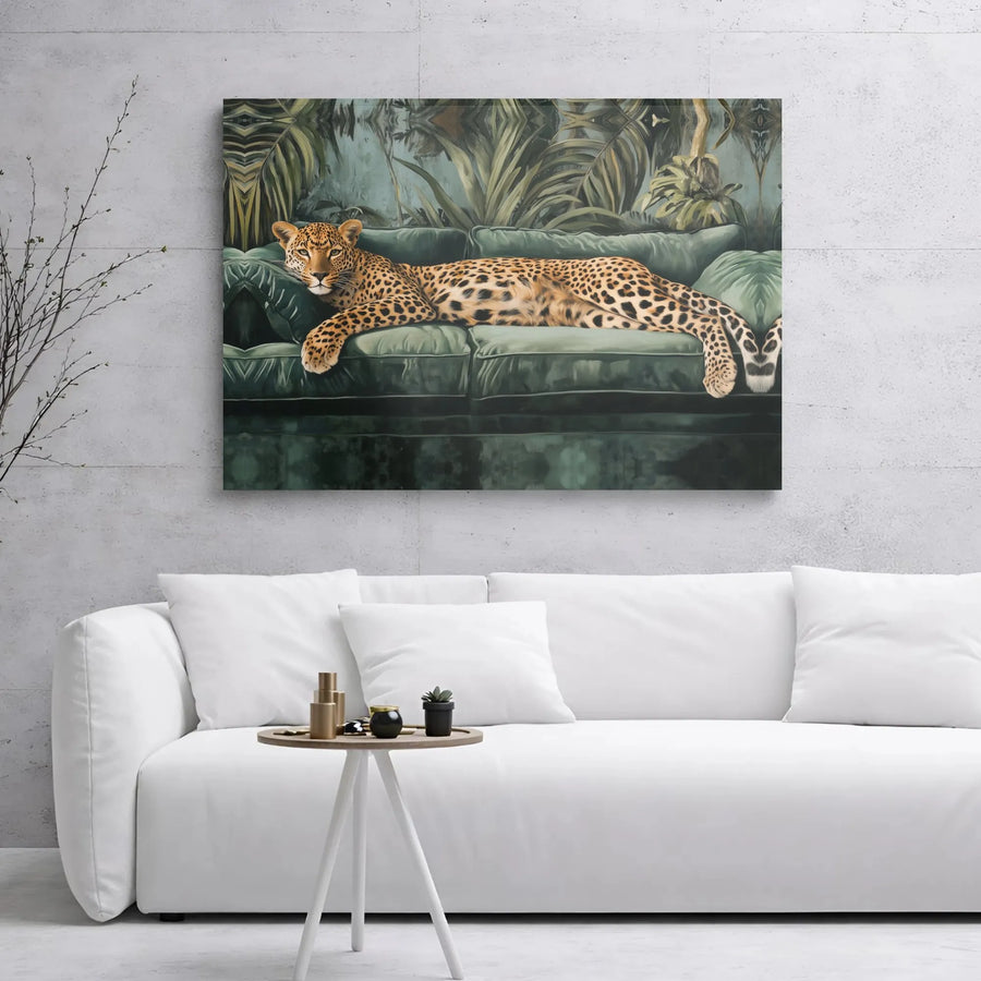Leopard Wall Art Canvas | Tropical Jungle Leopard On Velvet Sofa | 1.25" Thick Gallery Wrap | Luxury Animal Decor for Living Room