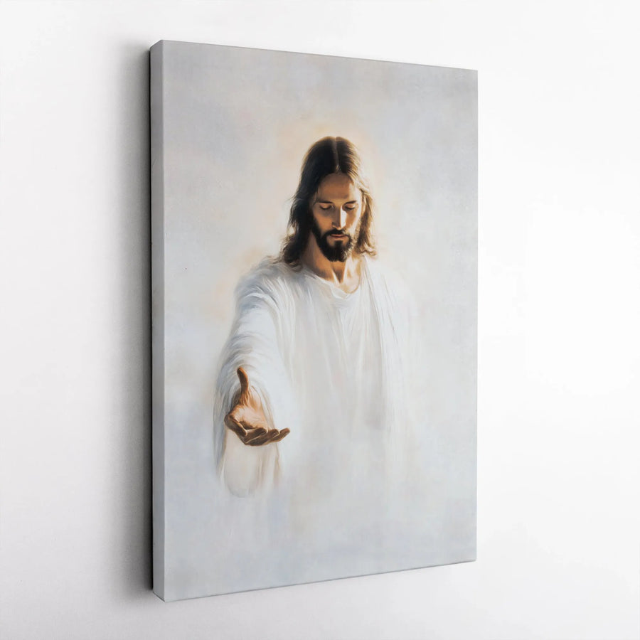 Jesus Christ Canvas Print | Hand Reaching Portrait | 1.25" Premium Gallery Wrapped | Religious Home Decor Wall Art Gift