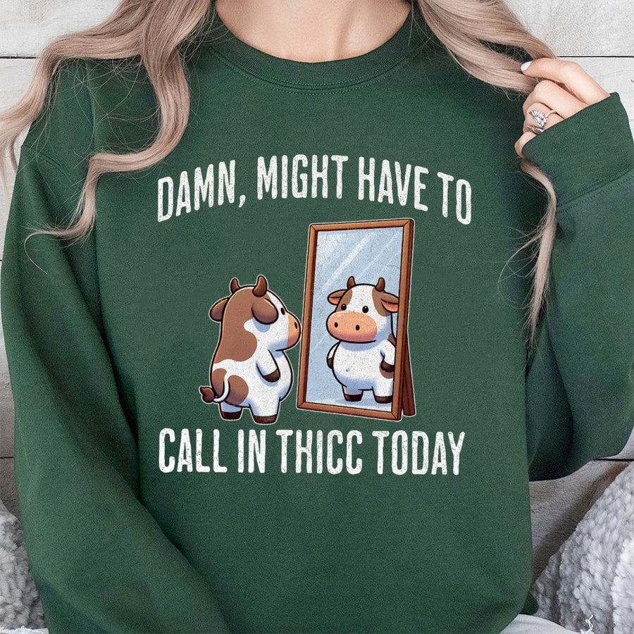 Call In Thicc Today Sweatshirt | Funny Cow Mirror Graphic Print | Premium Cotton Blend Crewneck | Cute Animal Meme Gift for Her