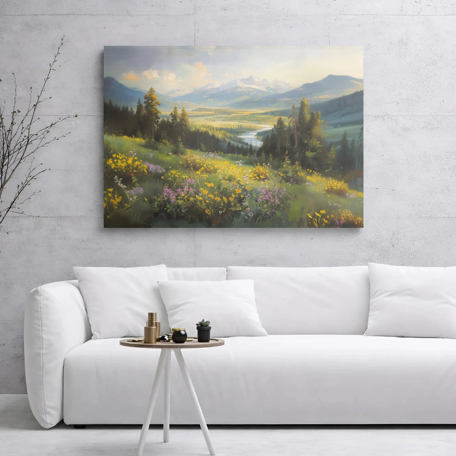 Mountain Valley Landscape Canvas | Wildflower Meadow Art Print | 1.25 Inch Gallery Wrap | Nature Wall Decor for Living Room