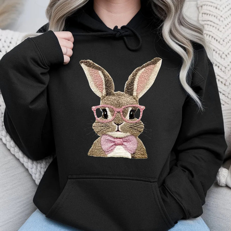 Easter Bunny Hoodie | Cute Rabbit with Pink Glasses and Bowtie | Premium Cotton Blend | Funny Spring Holiday Gift for Women and Men