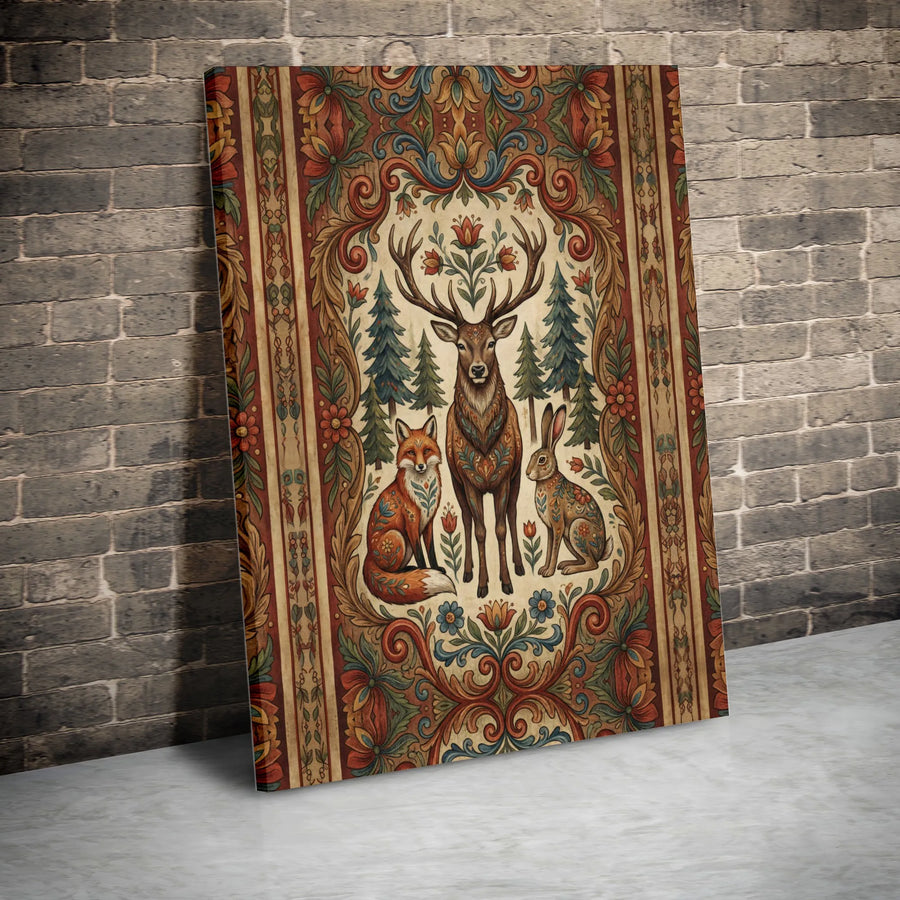 Woodland Animal Wall Art | Folk Art Deer Fox Rabbit Canvas | Gallery Wrapped Premium Decor | Nature Inspired Cottagecore Home Gift