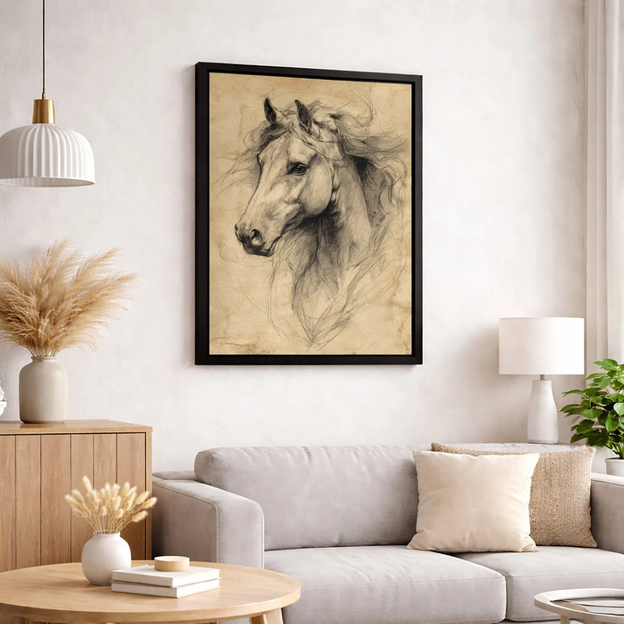 Horse Pencil Sketch Canvas | Vintage Charcoal Style Wall Art | Premium Gallery Wrapped Decor | Equestrian Gift for Horse Lovers
