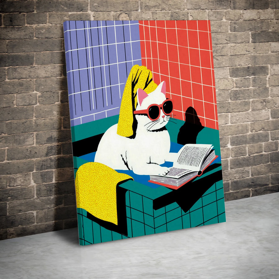 Cat Reading Book Wall Art | Pop Art Style Bathroom Decor | 1.25 Inch Premium Canvas | Unique Gift For Cat Lovers And Readers