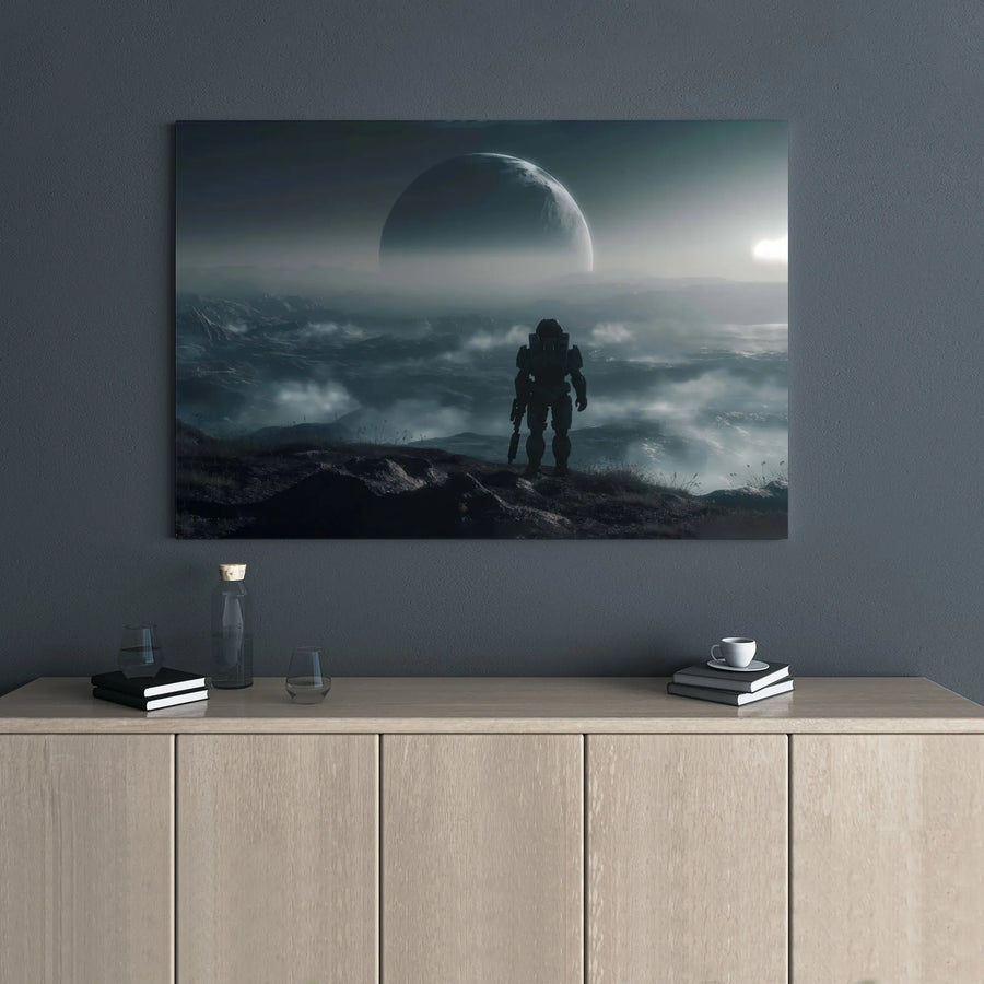 Sci-Fi Soldier Wall Art | Alien Planet Landscape Canvas | 1.25 Inch Gallery Wrap | Gaming Room Decor for Men and Collectors
