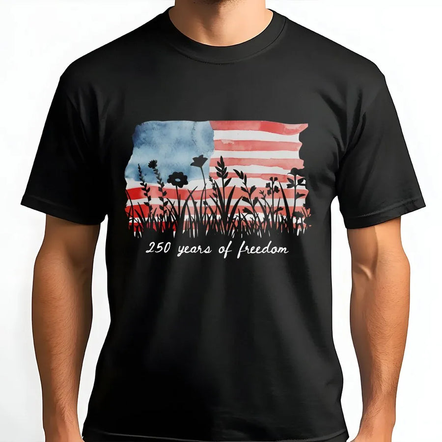 America 250 T-Shirt | Watercolor Flag Wildflower Graphic | Premium Cotton Blend | Patriotic Fourth of July Gift for Women