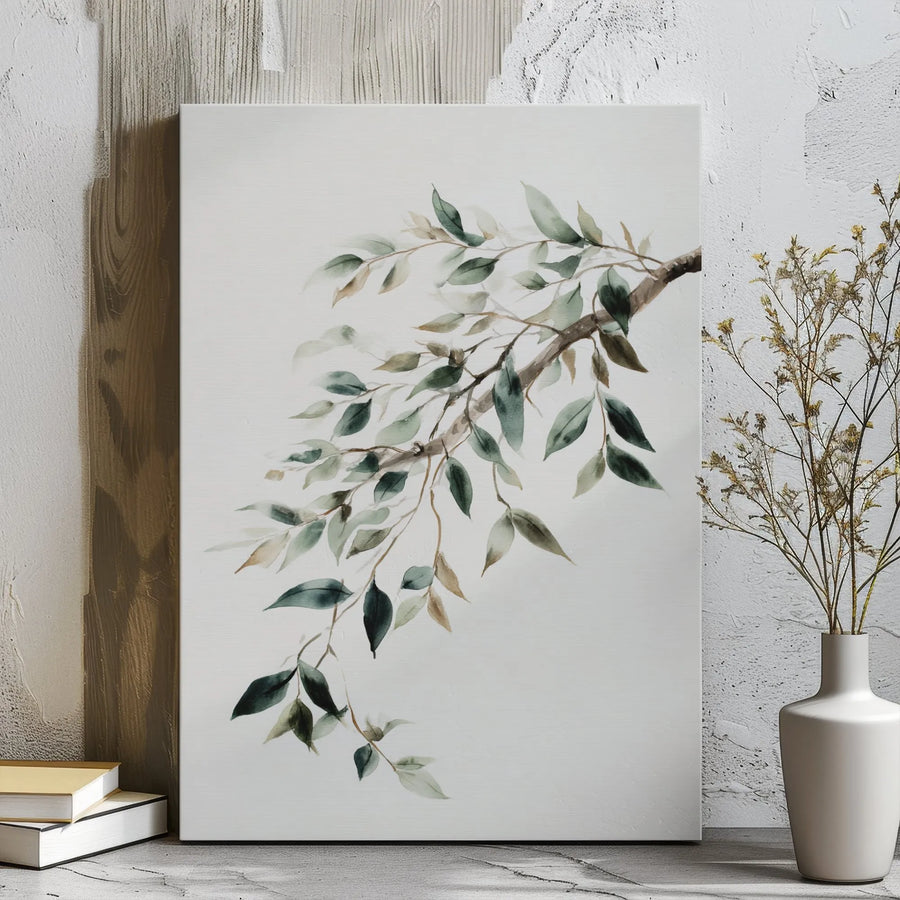 Watercolor Botanical Leaf Canvas Wall Art | Minimalist Green Branch Print | 1.25" Gallery Wrap Premium Decor | Modern Home Office Wall Decor