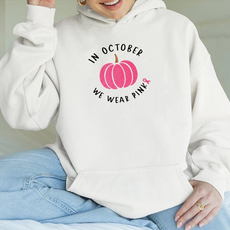 In October We Wear Pink Hoodie | Breast Cancer Awareness Pumpkin Design | Premium Soft Cotton Fleece | Support Survivor Gift For Her