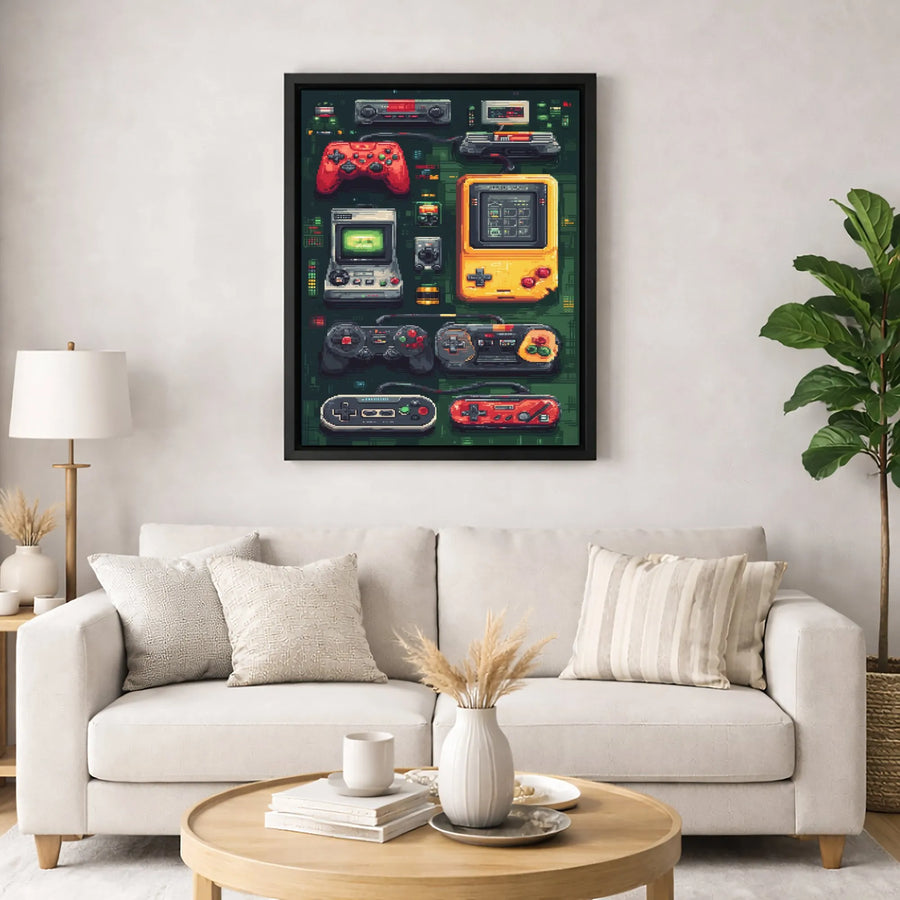 Retro Gaming Console Wall Art | Nostalgic 8-Bit Pixel Controller Canvas | Premium Fade-Resistant Print | Gamer Room & Office Decor Gift