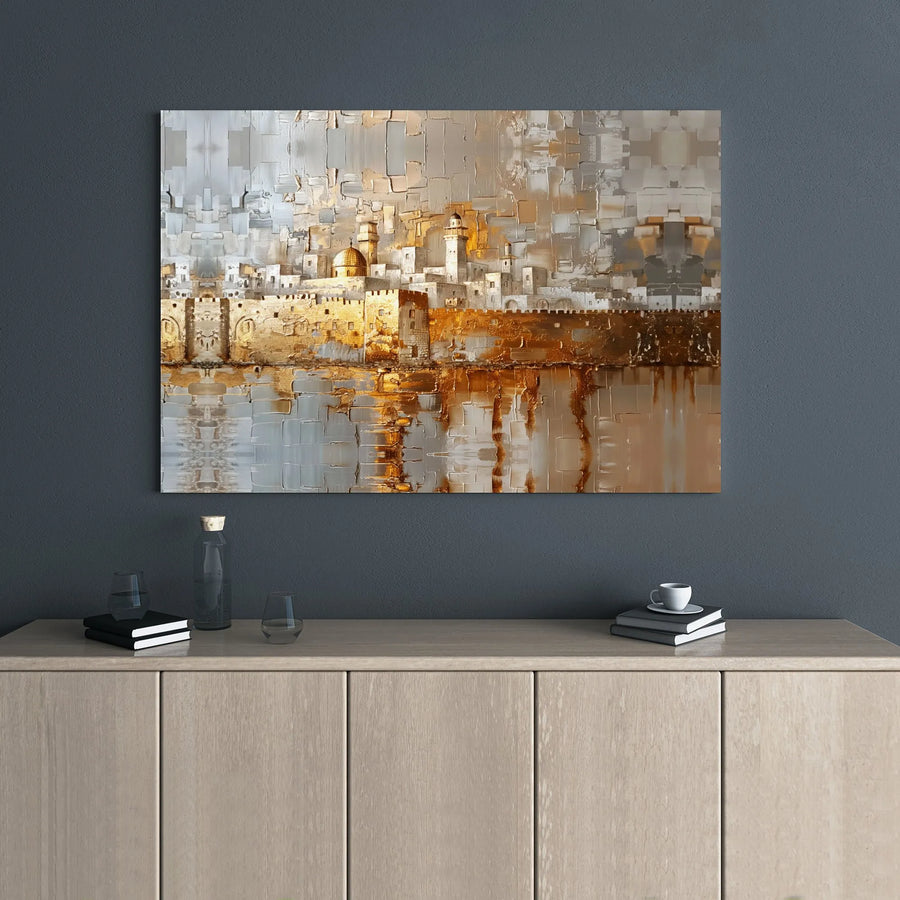 Jerusalem Old City Canvas Wall Art | Abstract Gold Impasto Skyline | Premium Gallery Wrap Print | Modern Religious Home Office Decor Gift