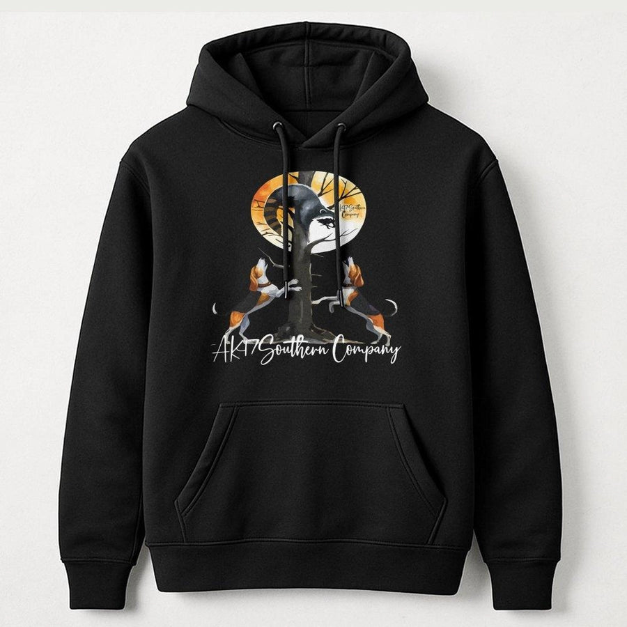 Treeing Coonhound Hoodie | Raccoon Hunting Dog Graphic Print | Premium Cotton Blend | Gift For Southern Hunting Enthusiasts