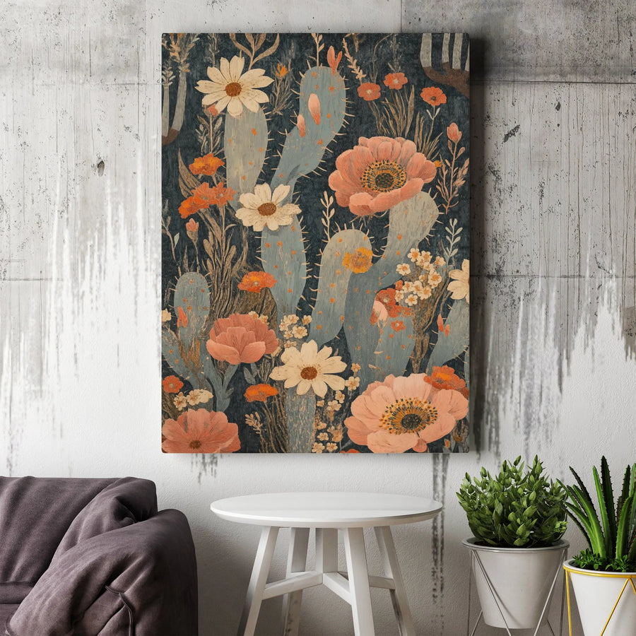 Desert Floral Canvas Print | Vintage Cactus With Poppies And Daisies Wall Art | Premium 1.25-Inch Gallery Wrap | Southwestern Home Decor Gift