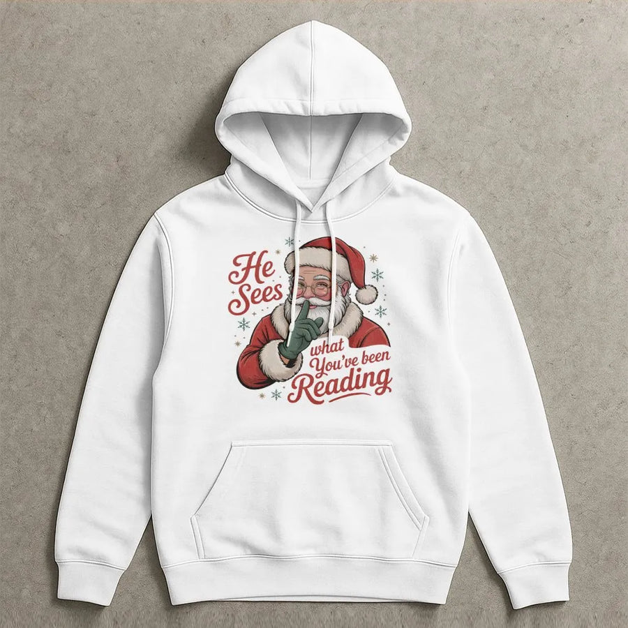 He Sees What You've Been Reading Hoodie | Funny Bookworm Santa Graphic | Premium Cotton Blend | Holiday Gift For Book Lovers & Readers