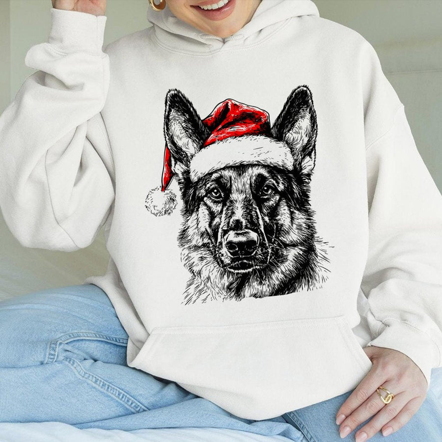 German Shepherd Hoodie | Festive Santa Hat Dog Graphic | Premium Cotton Blend Unisex Sweatshirt | Christmas Gift For Dog Lovers