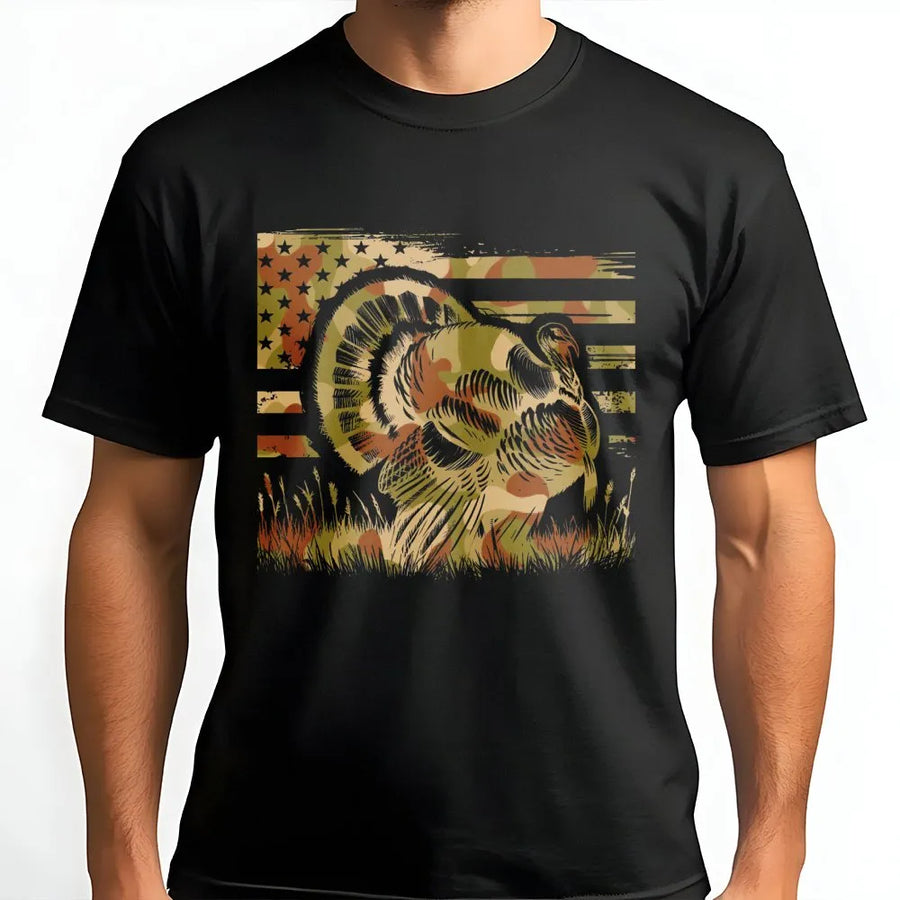 Thanksgiving Turkey T-Shirt | Patriotic Camo American Flag Graphic | Premium Cotton Unisex Tee | Gift for Hunter & Outdoor Enthusiast