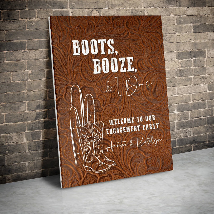 Boots and Booze Welcome Sign Canvas | Rustic Cowboy Boot Art on Tooled Leather Background | Premium Gallery Wrap Print | Western Engagement Party Decor Gift