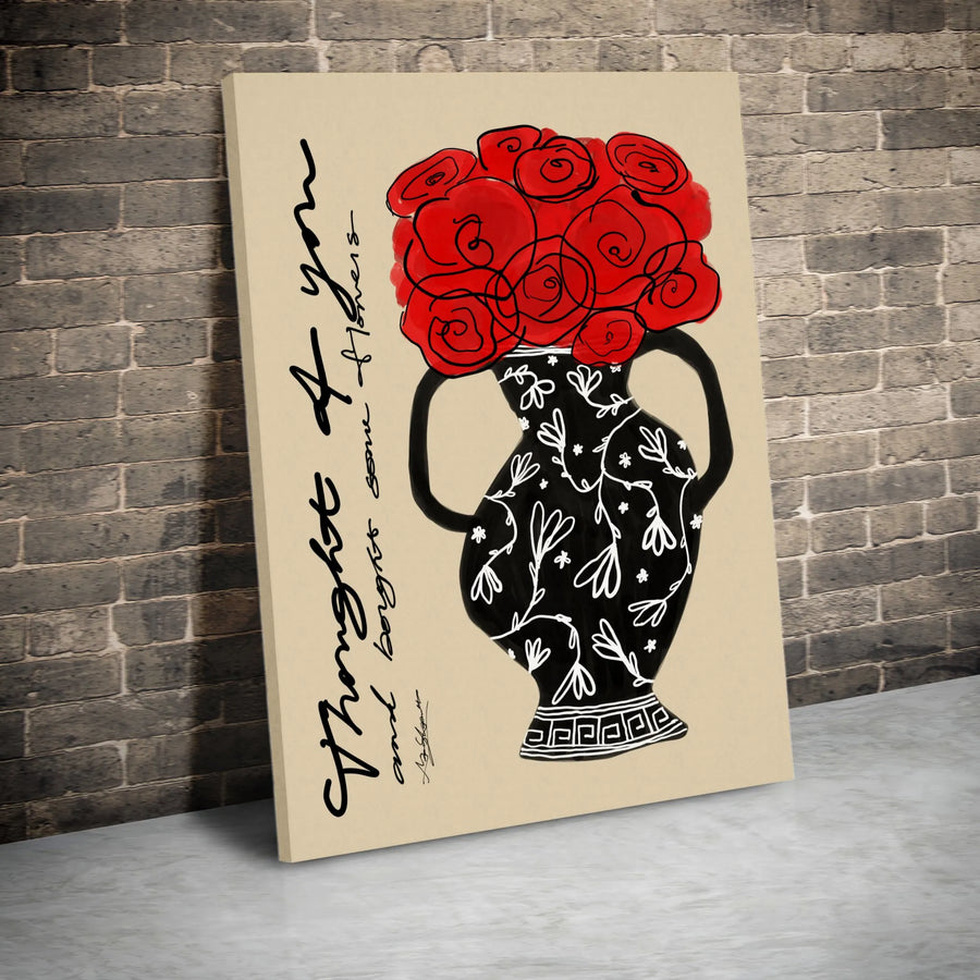 Red Rose Flower Canvas Wall Art | Romantic Greek Vase Illustration | Premium Fade-Resistant Print | Gift for Her Living Room Decor