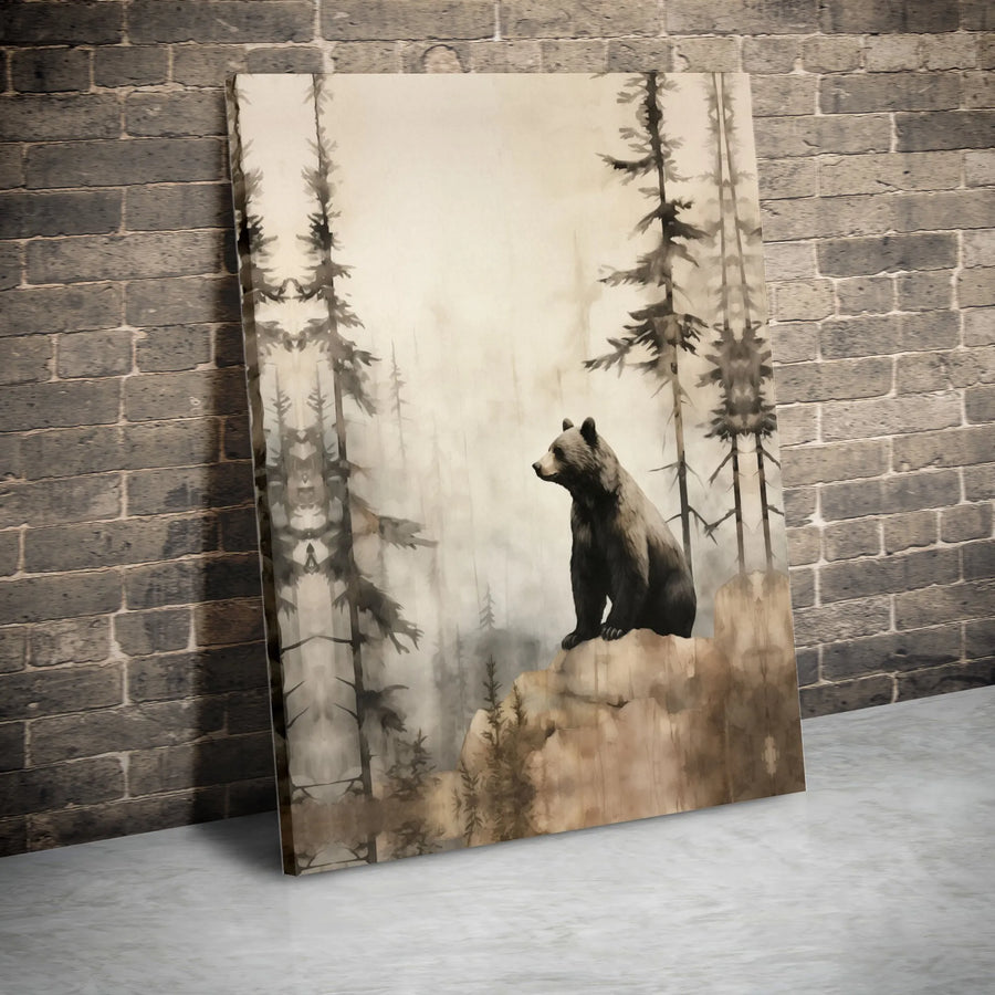 Misty Forest Bear Canvas Wall Art | Moody Wildlife Wilderness Print | Gallery-Quality Premium Decor | Nature Lover Gift For Cabin Home
