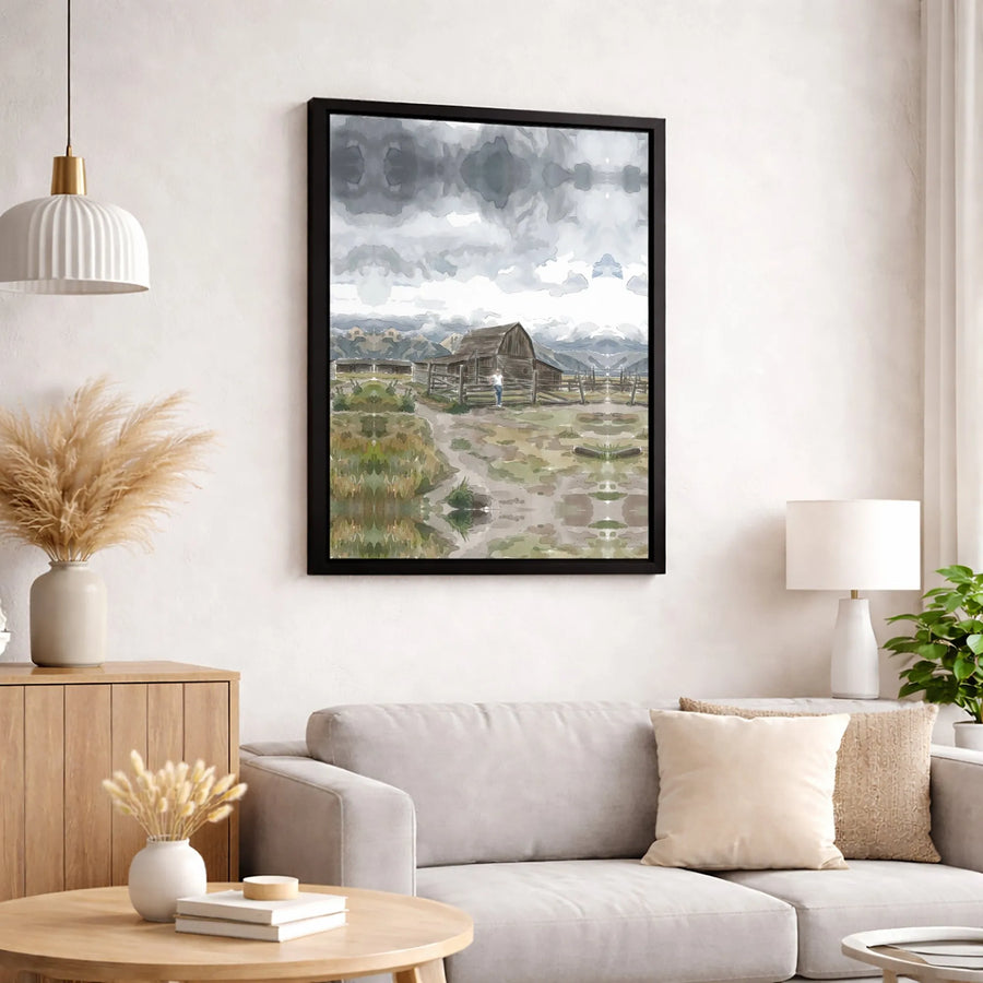 Rustic Barn Canvas Print | Watercolor Mountain Landscape Art | Gallery Quality 1.25 Inch Profile | Farmhouse Home Decor Wall Gift