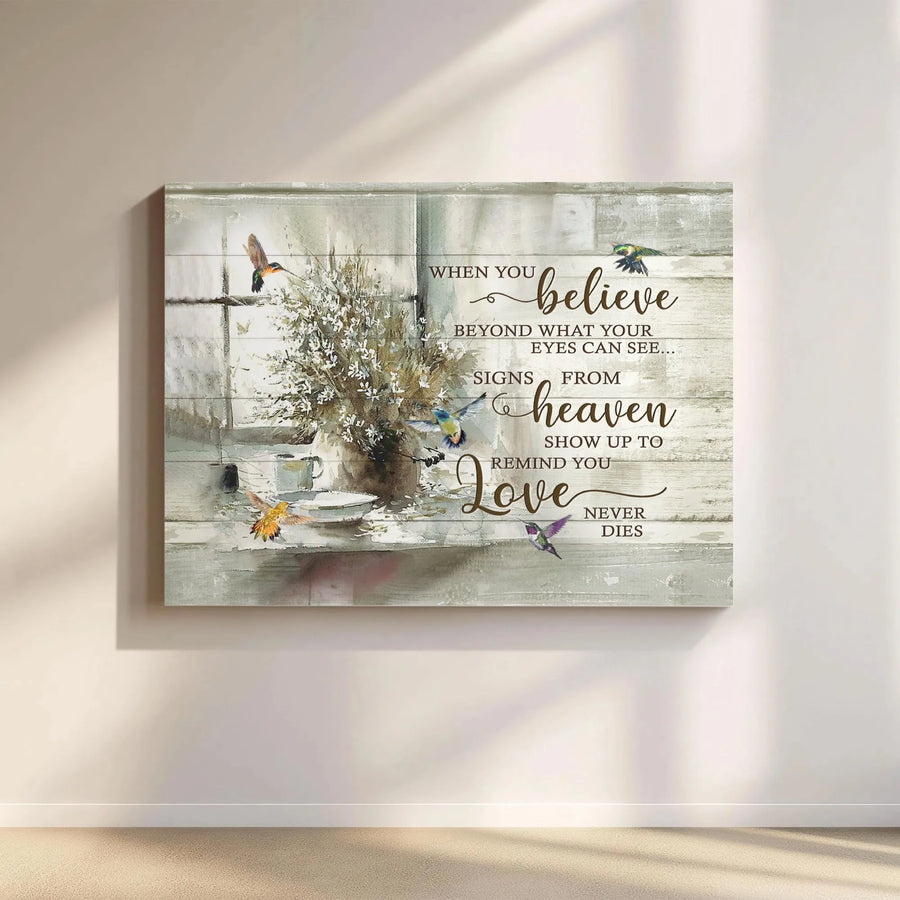 Hummingbird Memorial Canvas Wall Art | 'Signs From Heaven' Inspirational Quote | Premium Canvas Print | Sympathy Gift for Loss of Loved One