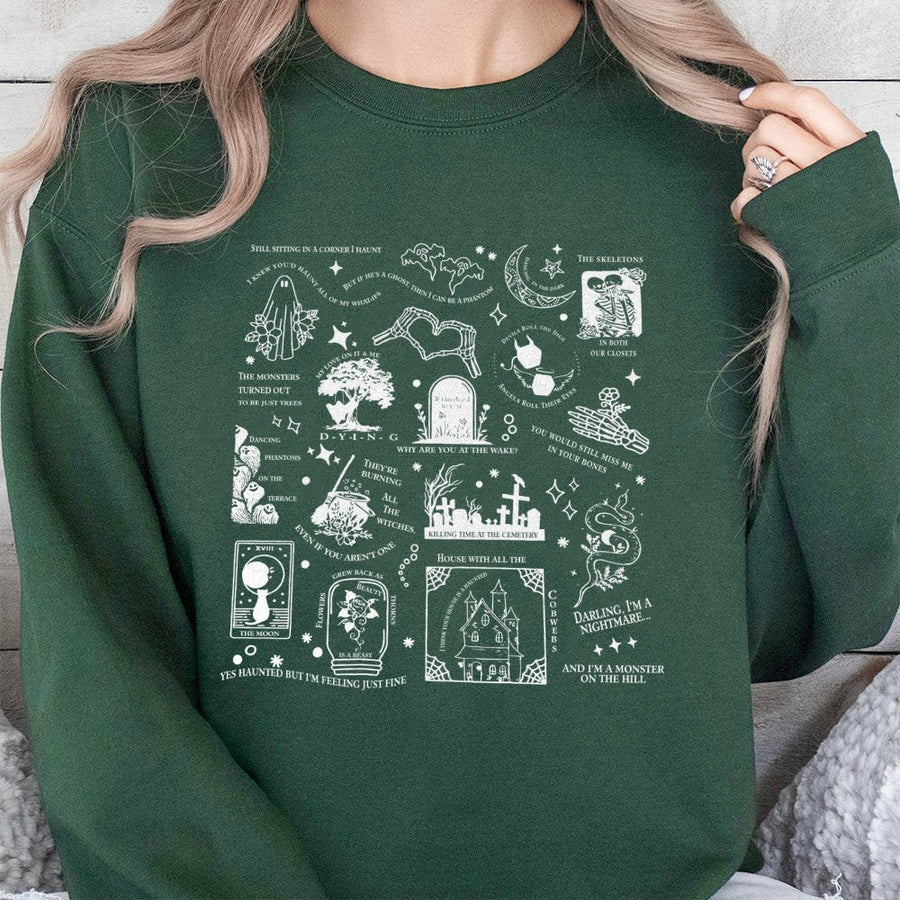 Spooky Aesthetic Graphic Sweatshirt | Haunted House Halloween Lyrics Design | Soft Cotton Blend Unisex Pullover | Alternative Indie Ghost Gift