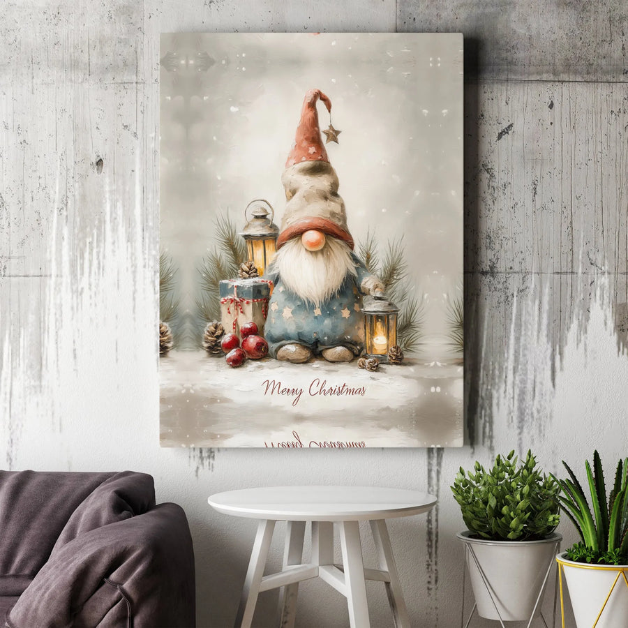 Christmas Gnome Canvas Wall Art | Watercolor Holiday Decor with Lanterns | Premium Fade-Resistant Print | Festive Seasonal Gift for Home