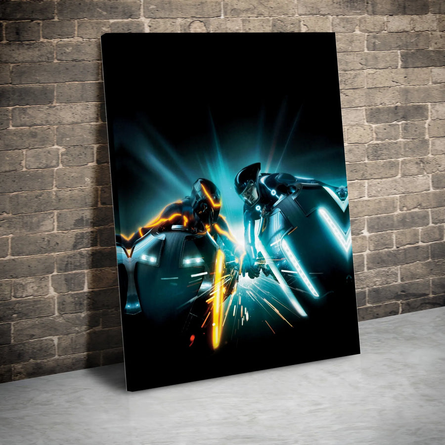 Sci-Fi Racing Light Cycle Canvas Print | Neon Cyberpunk Bike Battle Art | 1.25" Gallery Wrapped Wood Frame | Modern Gaming Room Wall Decor