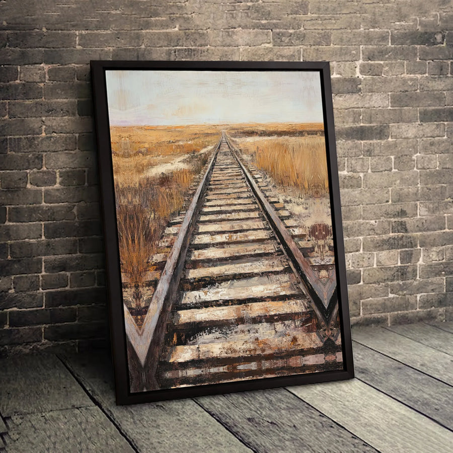 Railroad Track Canvas Art | Rustic Oil Painting Print | Gallery Wrapped 1.25 Inch Depth | Industrial Home Decor for Living Room Office Wall