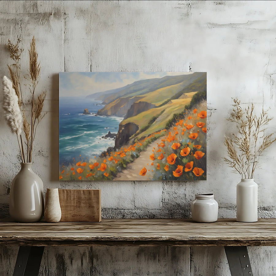 California Coastal Poppies Canvas Wall Art | Impressionist Ocean Landscape Print | Premium 1.25" Gallery Wrap | Scenic Nature Decor for Living Room