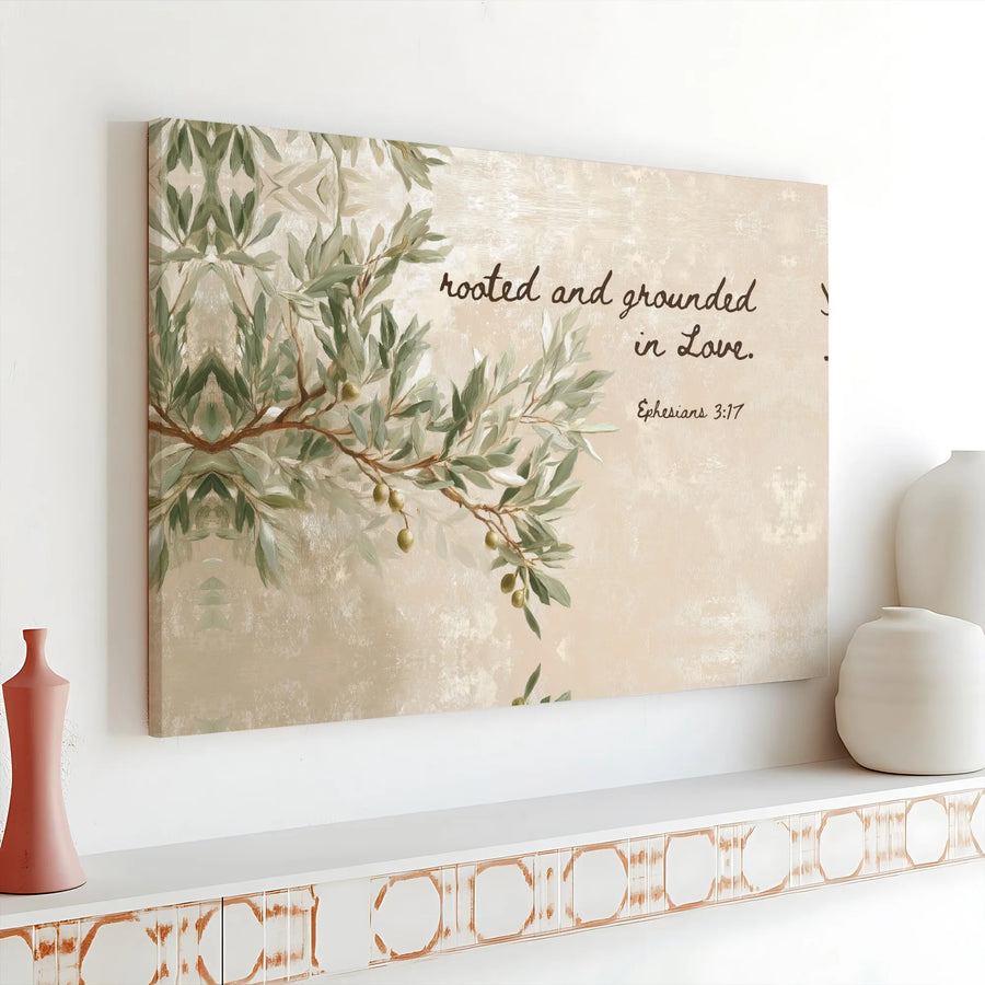Rooted and Grounded in Love Canvas Wall Art | Scripture Ephesians 3:17 Olive Branch Print | Premium Gallery Wrap Decor | Christian Home Gift