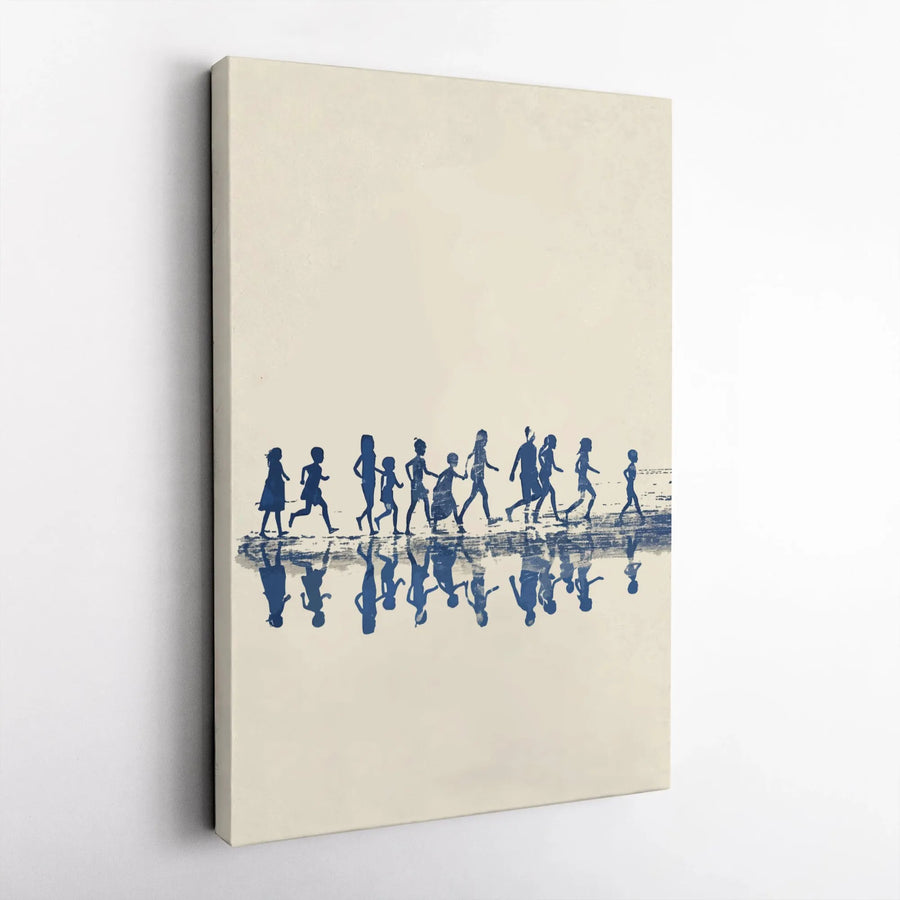 Children Silhouette Canvas Art | Beach Walk Reflection Print | Gallery Wrapped Premium Wall Decor | Minimalist Nursery & Home Gift