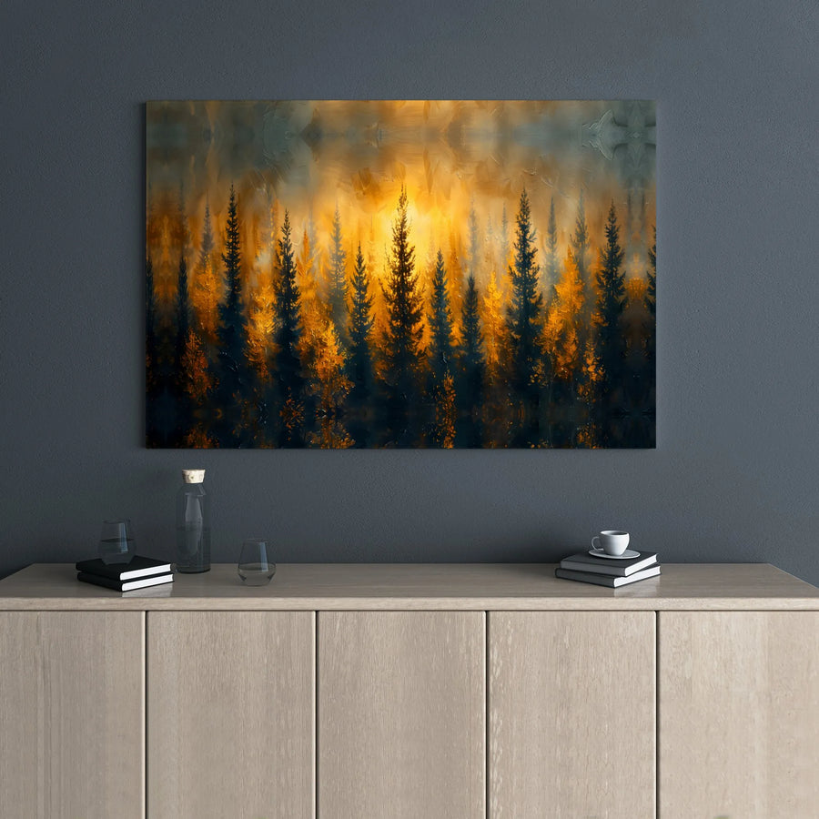 Golden Forest Sunset Canvas Wall Art | Impressionist Pine Tree Landscape | 1.25-Inch Gallery Wrap Print | Nature-Inspired Home Decor