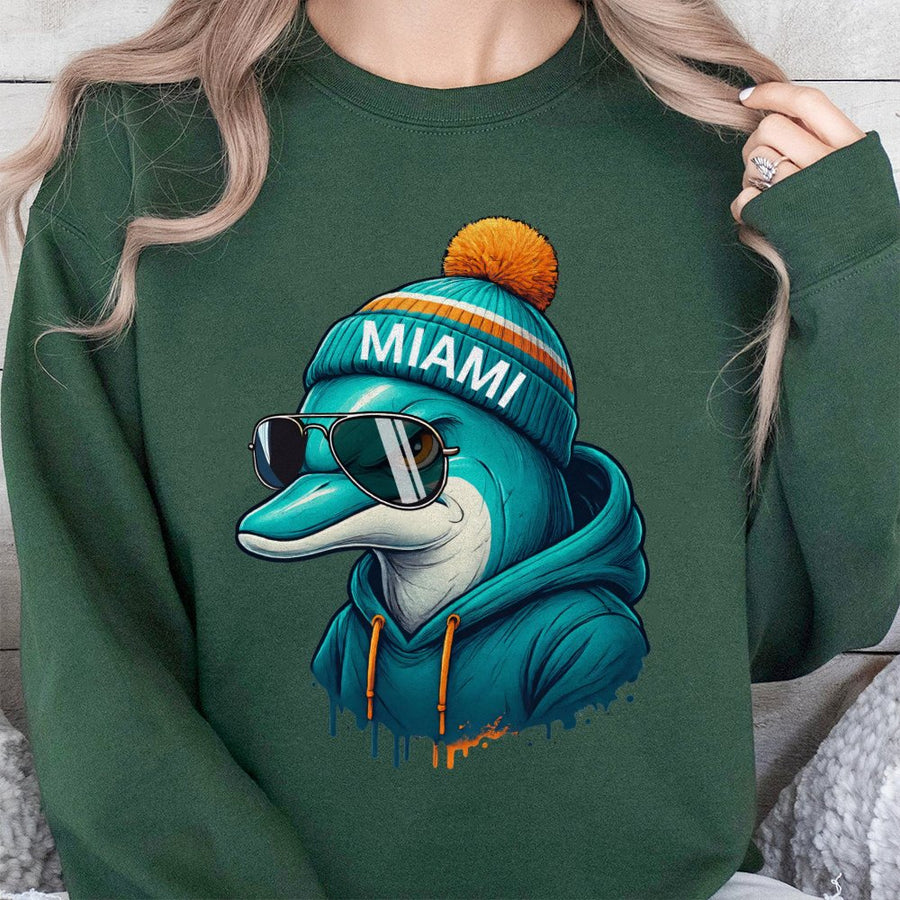Miami Dolphin Wearing Sunglasses, Beanie, And Sweatshirt