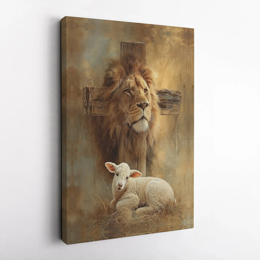 Lion and Lamb Christian Wall Art | Lion of Judah and Lamb of God Painting | Premium Gallery Wrapped Canvas | Religious Faith Home Decor Gift