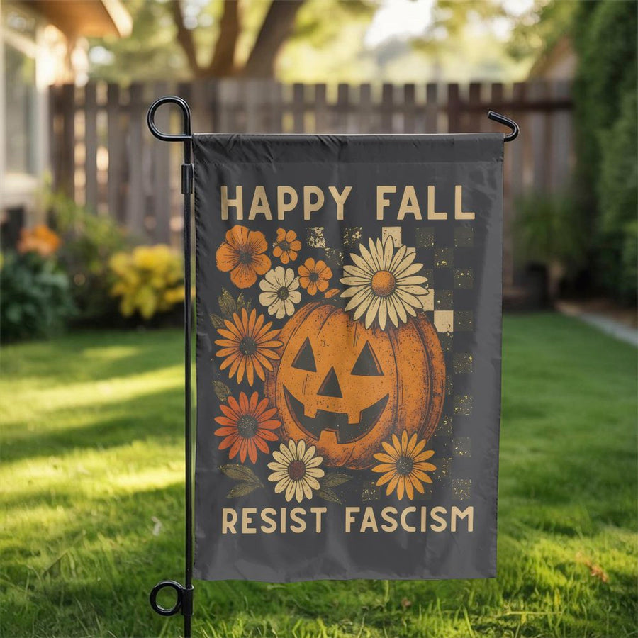 Happy Fall Resist Fascism Garden Flag | Retro Pumpkin Floral Yard Decor | Weather-Resistant Polyester | Autumn Outdoor Garden Gift