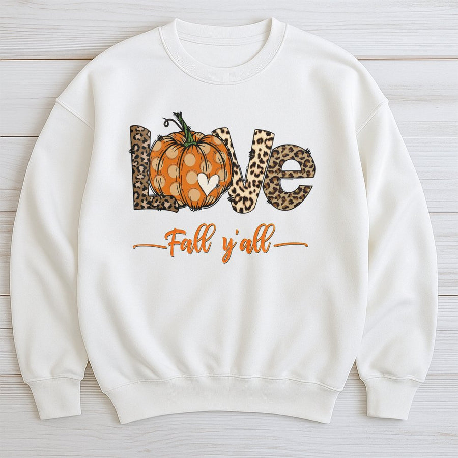 Fall Y'all Pumpkin Sweatshirt | Leopard Print LOVE Graphic | Cozy Cotton Blend | Cute Autumn Thanksgiving Gift For Her