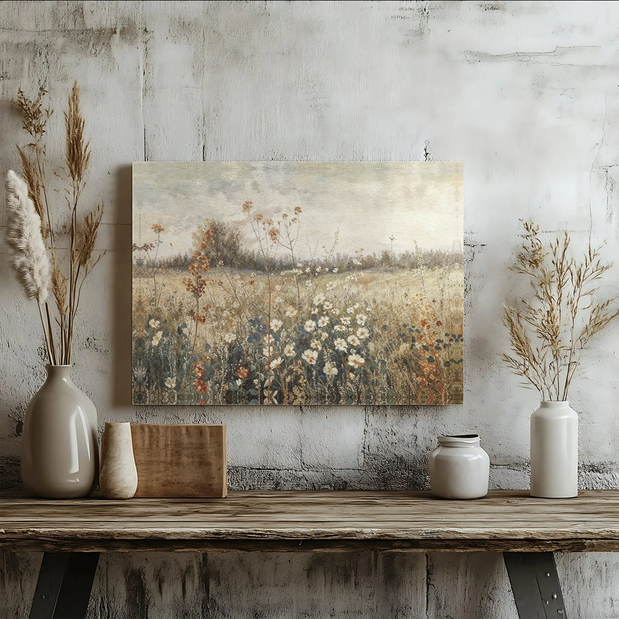 Vintage Wildflower Meadow Canvas | Impressionist Landscape Wall Art | Gallery Wrapped Premium Print | Farmhouse Home Decor for Living Room