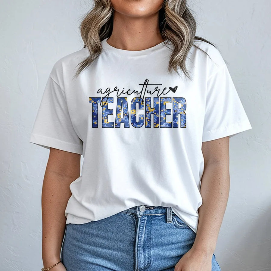 Agriculture Teacher T-Shirt | Blue Floral Print Design | Premium Cotton Blend | Gift for Ag Educator