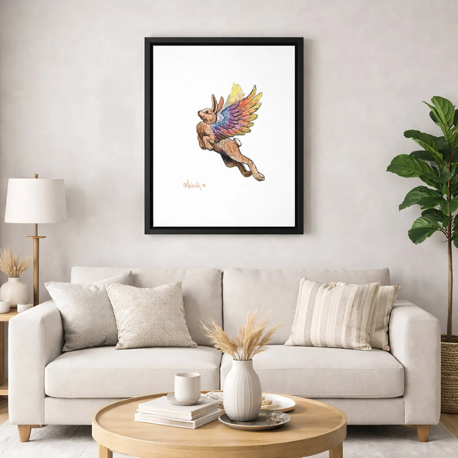 Flying Rabbit Wall Art | Whimsical Rainbow Winged Bunny Canvas | Gallery Wrap Premium Print | Nursery Decor & Surreal Animal Home Gift