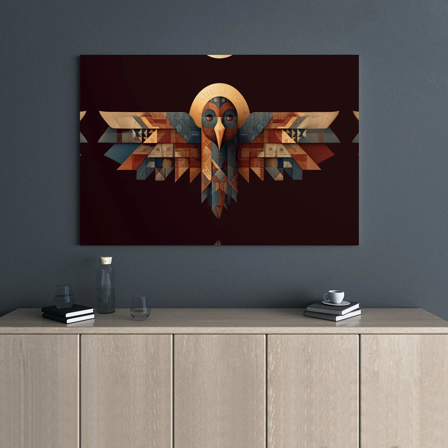 Geometric Owl Wall Art | Aztec Inspired Tribal Bird Canvas | Premium Gallery Wrap Decor | Spiritual Home Office Gift