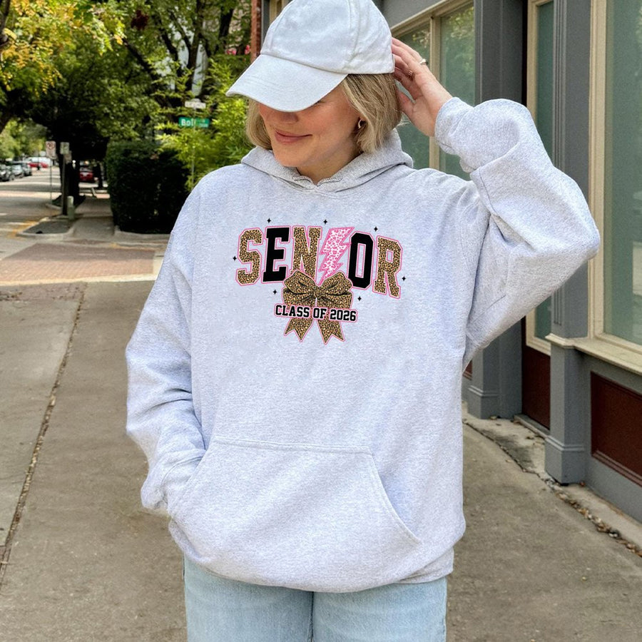 Senior Class Of 2026 Hoodie | Leopard Print Bow & Lightning Graphic | Premium Cotton Blend | Graduation Gift for Her