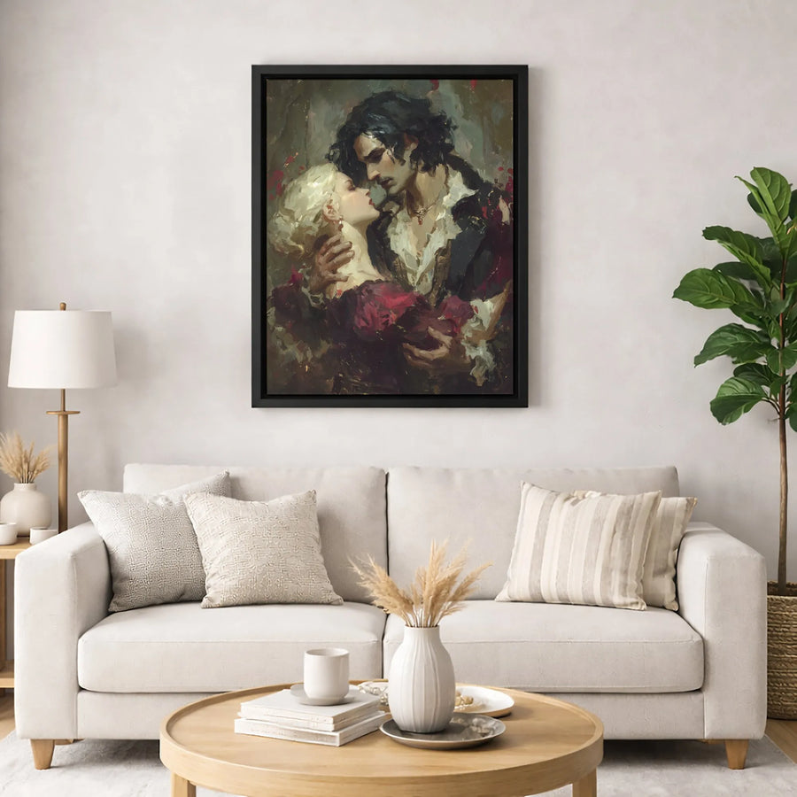 Gothic Romantic Couple Canvas Print | Passionate Embrace Oil Painting Style | Premium Gallery-Wrapped Wall Art | Moody Dark Academia Gift for Home Decor