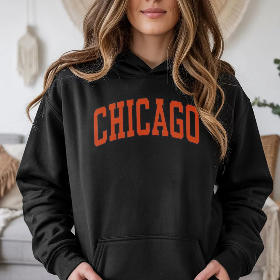 Chicago Hoodie | Vintage Style Collegiate Text Design | Premium Cotton Tee | Illinois Hometown Pride Souvenir Gift