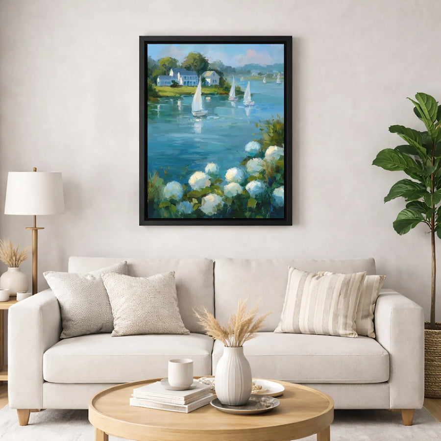 Coastal Sailboat Canvas Wall Art | Impressionist Hydrangea Seascape Painting | Premium Gallery Wrap Print | Serene Nautical Home Decor Gift
