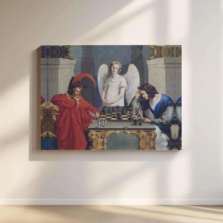 The Chess Players Canvas Wall Art | Moritz Retzsch Classic Painting Reproduction | Premium Gallery Wrap Print | Gothic Home Decor & Office Gift